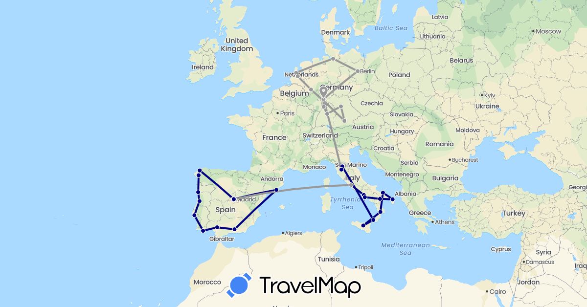 TravelMap itinerary: driving, plane in Germany, Spain, Italy, Netherlands, Portugal (Europe)